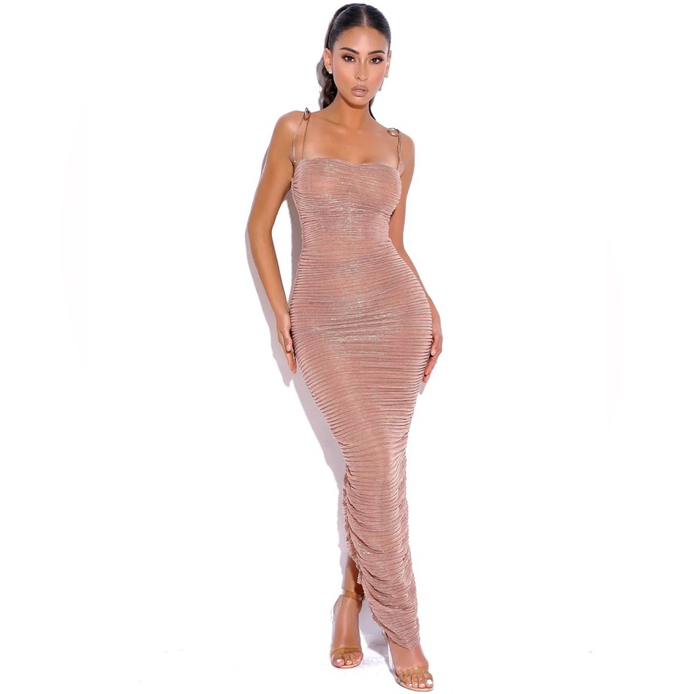 Miss Circle Rose Gold Ruched Chiffon Long Maxi Dress